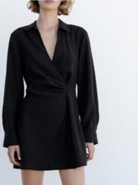 Zara black Cotton Blend ruched cinched back faux wrap dress